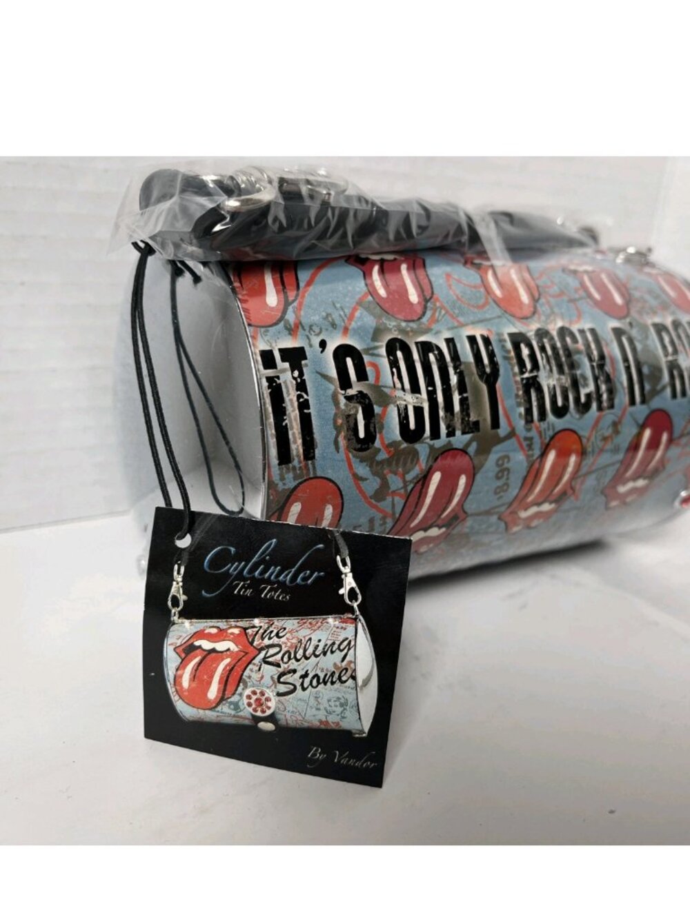 Rolling Stones Tongue Logo Cylinder Purse NWT Metal Handbag Rock Band Bag - Picture 5 of 12